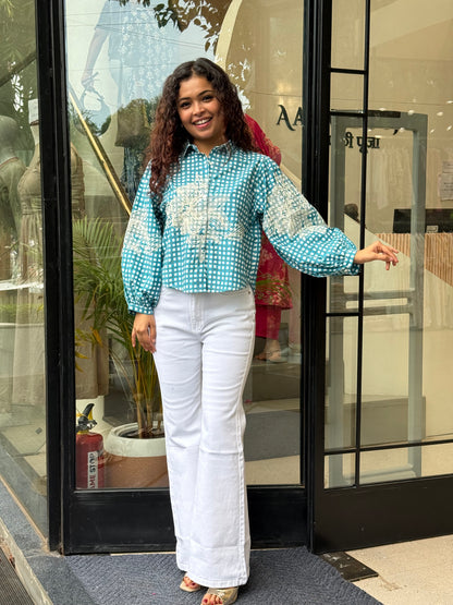 Blue check embroidered shirt