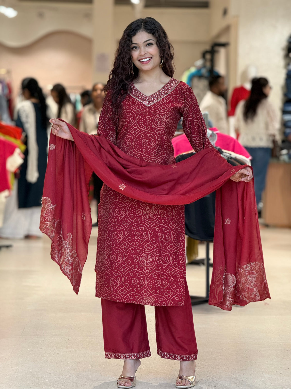 Red v-neck plazo suit set