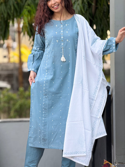 Sky Blue Embroidered Cotton Kurta Pant Set with White Dupatta for Women