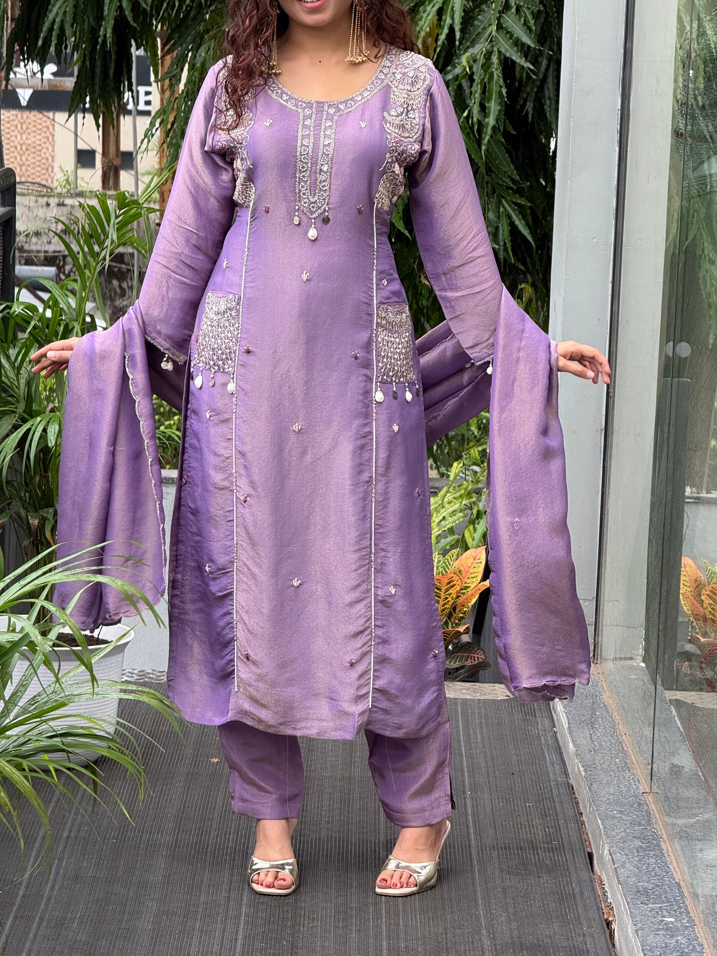 Lavender stone work 3 piece suit set