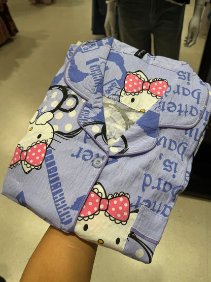 Lavender kitty print 3 piece night suit set