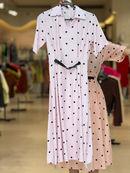 polka dot inbuilt belt one piece dress