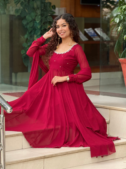 Ruby Red Georgette Anarkali Suit Set with Palazzo & Dupatta
