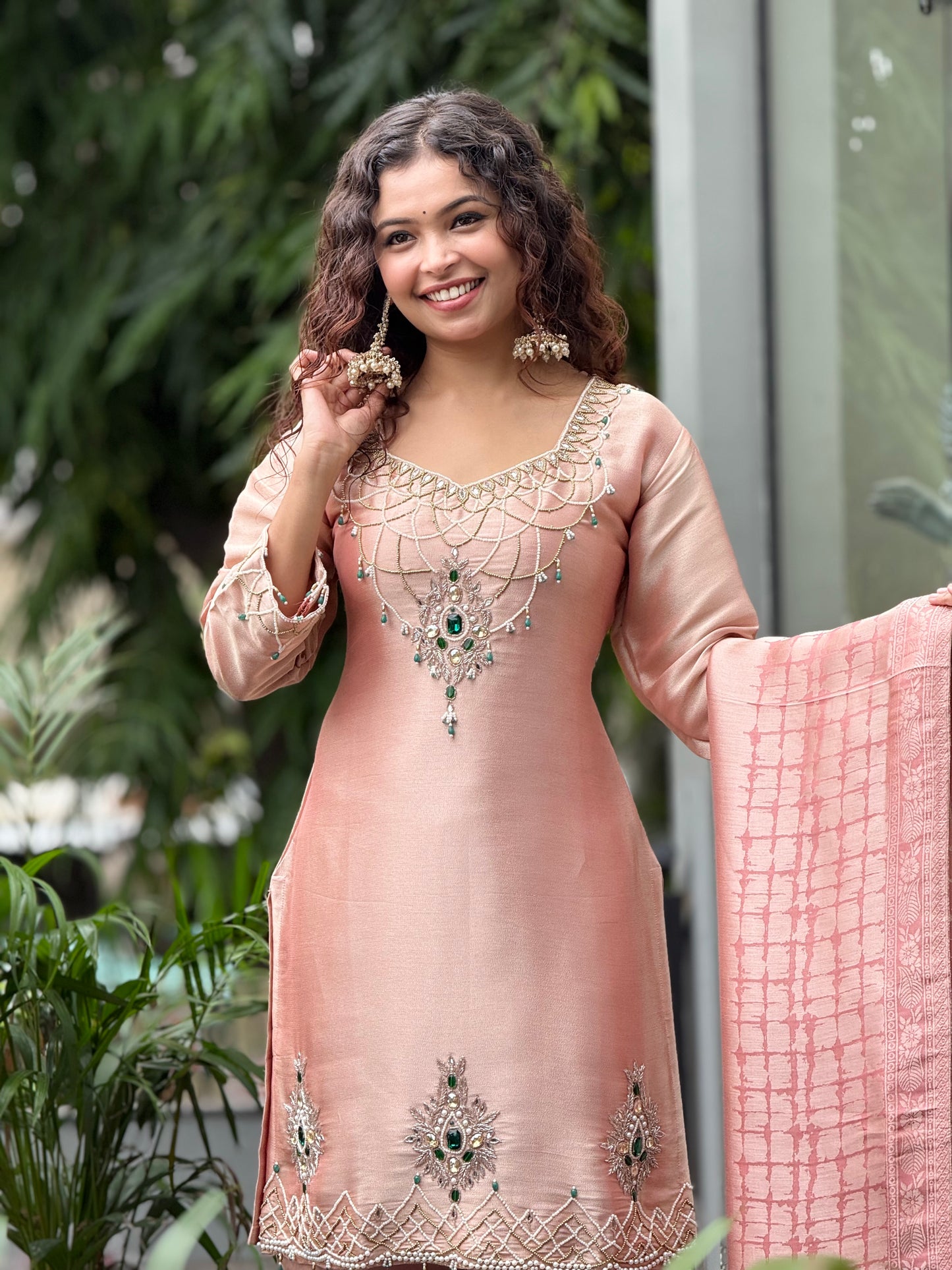 Stone work 3 piece partywear kurta suit set