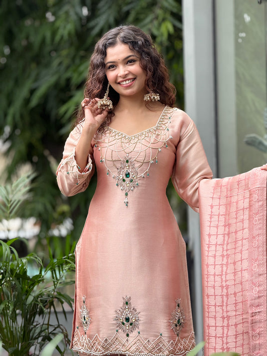 Stone work 3 piece partywear kurta suit set