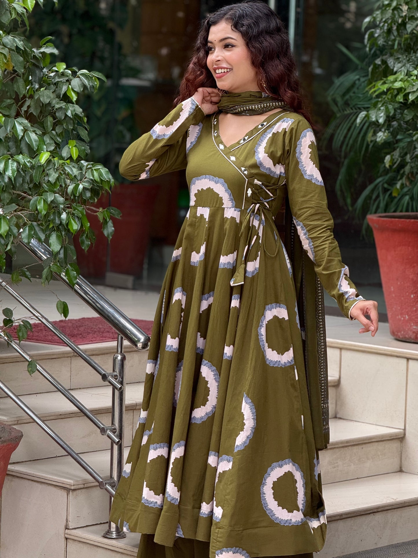 Olive Green Printed Anarkali Kurta Set with Palazzo & Dupatta
