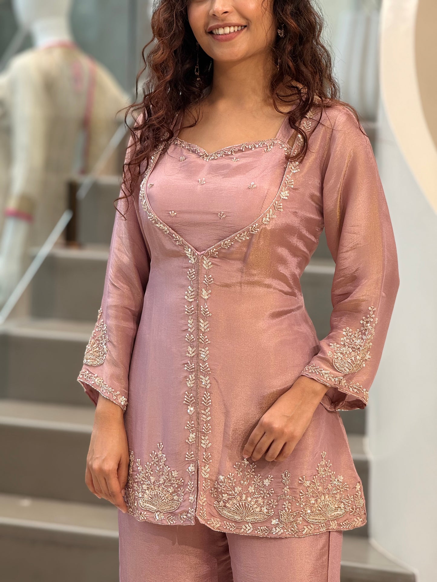 Dusty Pink Handwork Short Kurti Palazzo Set with inner