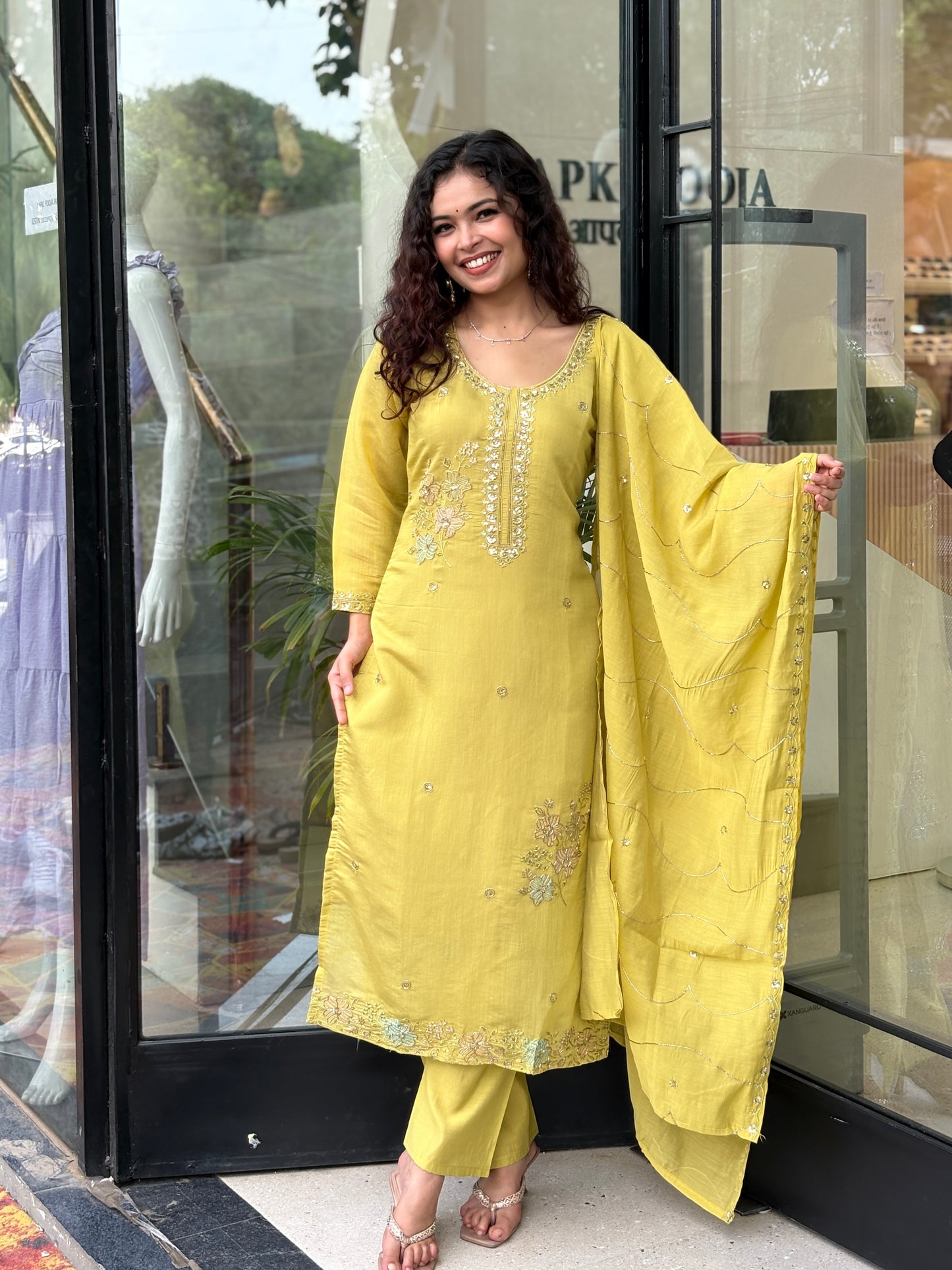 Mustard Yellow Embroidered Kurta Pant Set with Dupatta