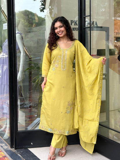 Mustard Yellow Embroidered Kurta Pant Set with Dupatta