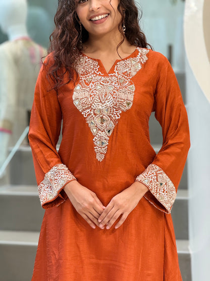 Rust Orange handwork kurta  Palazzo Set