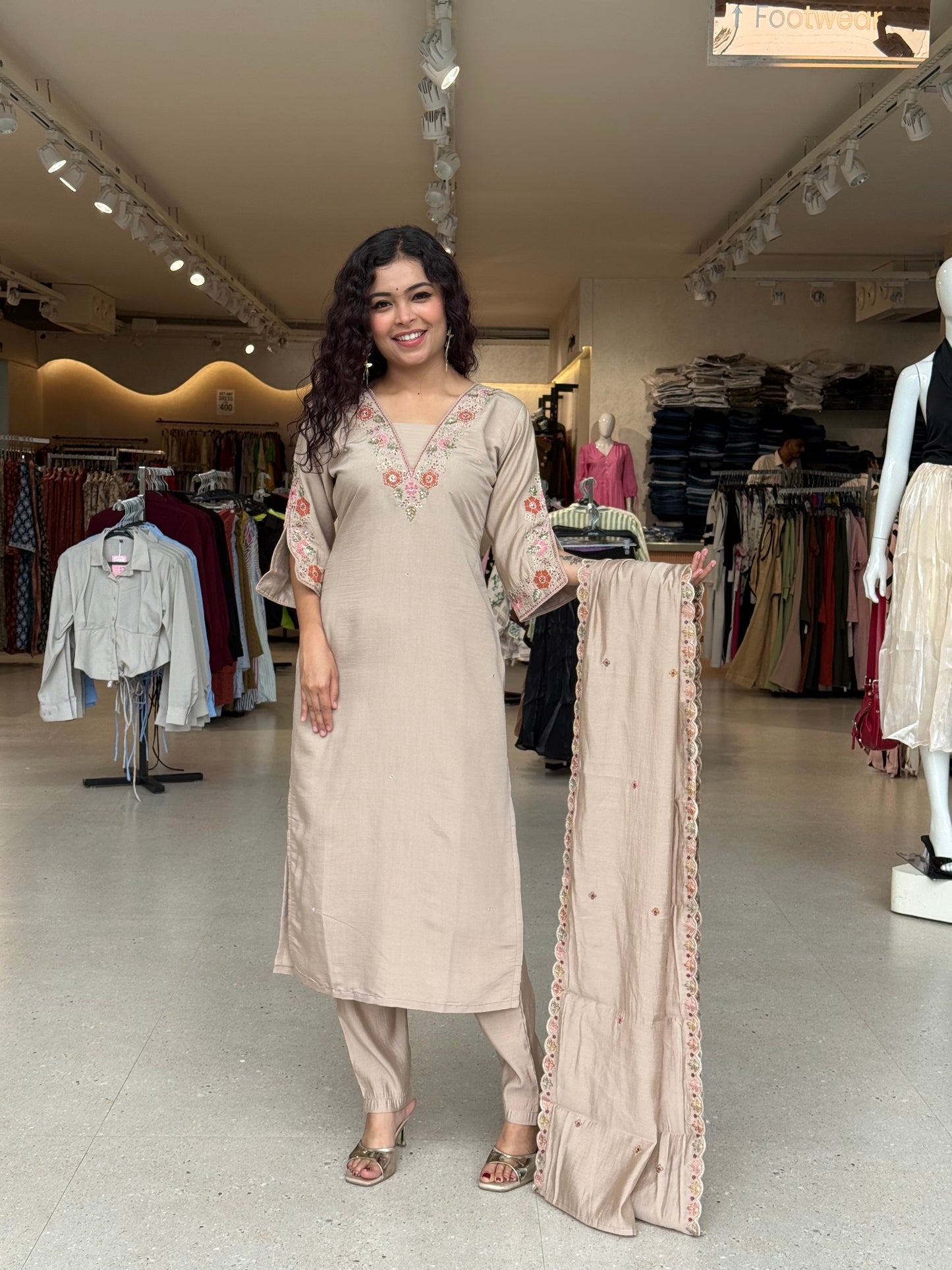 3 piece neck embroidered suit set