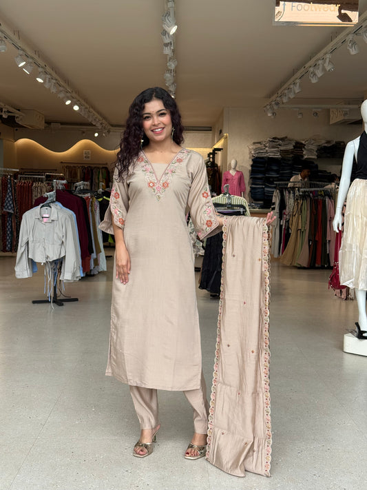 3 piece neck embroidered suit set