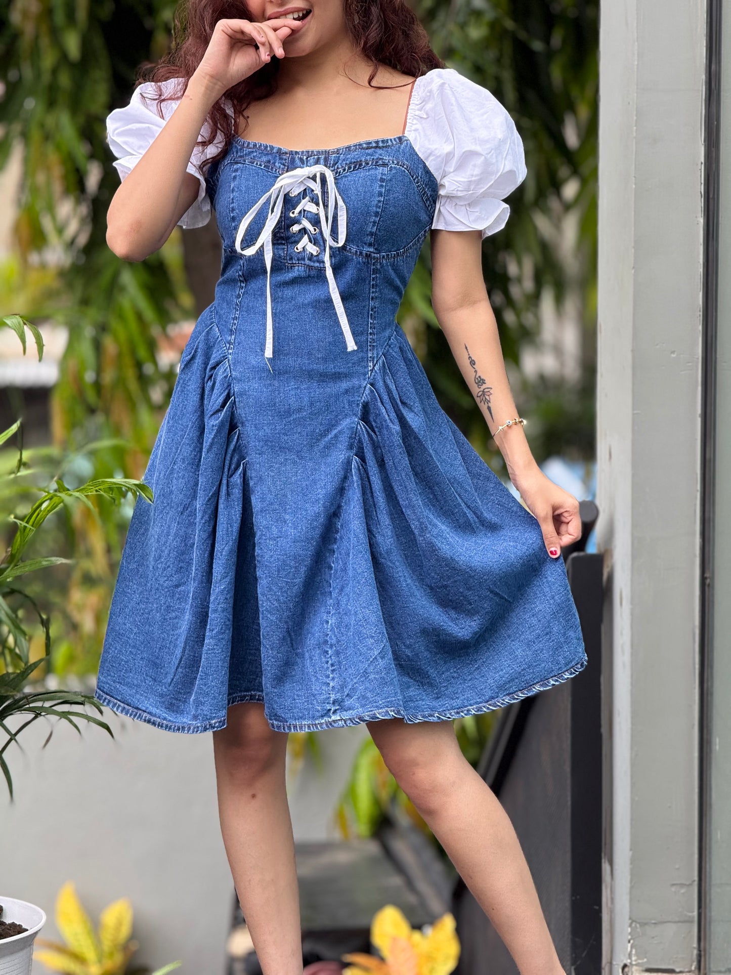 Denim Dress with Puff Sleeves