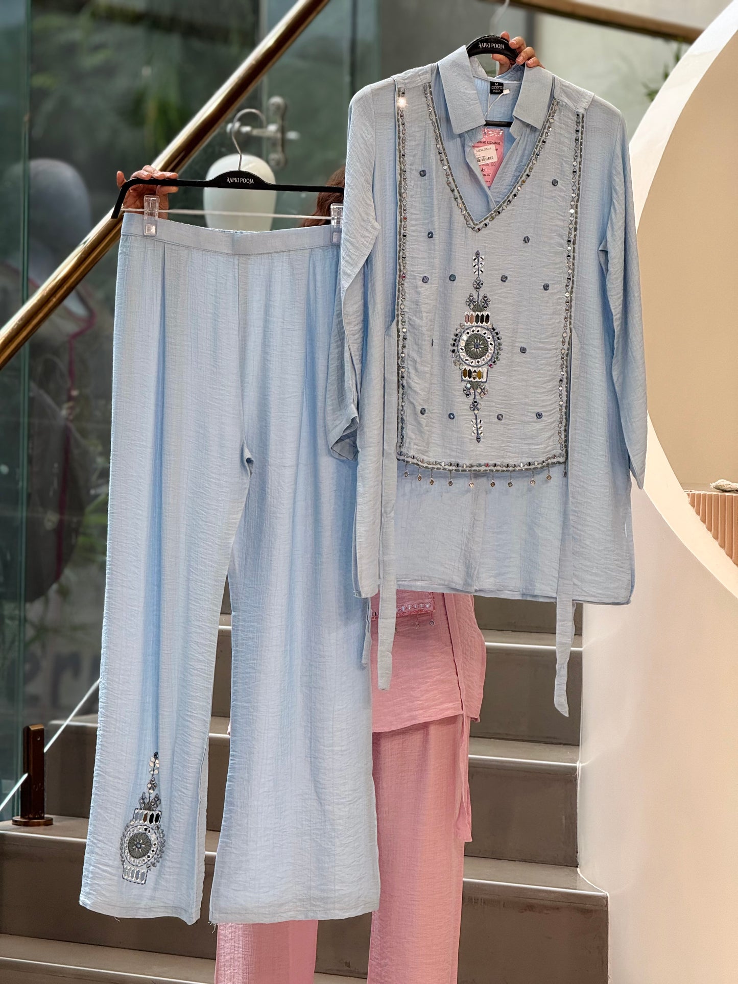 Powder Pink and blue Handwork Co-ord Kurta Set Three Piece