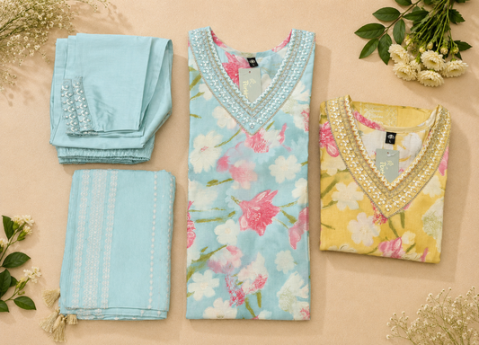 3-Piece Suit Set with Embroidered Neckline