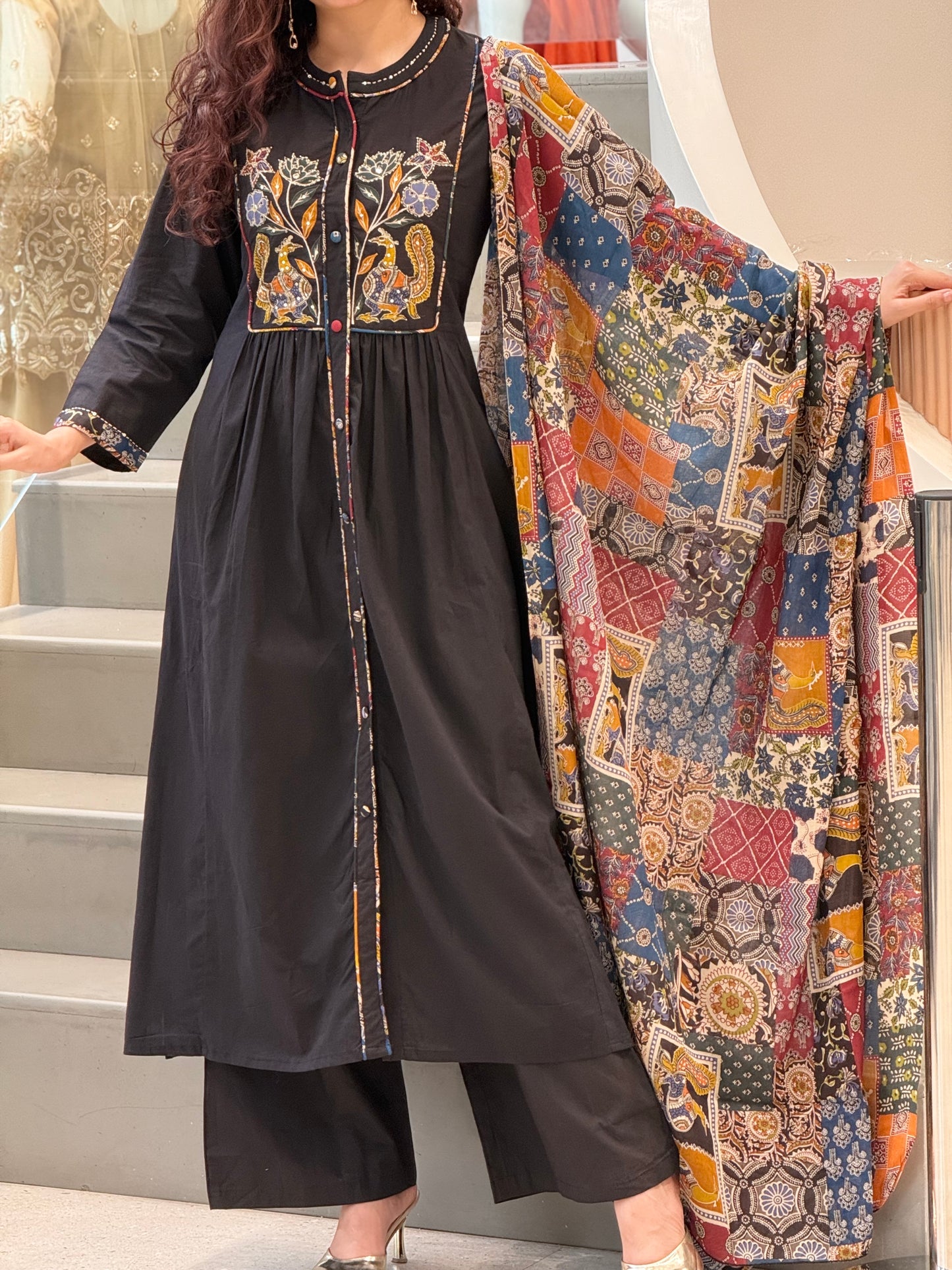 Midnight Black cotton Embroidered Kurta Set with Printed Dupatta