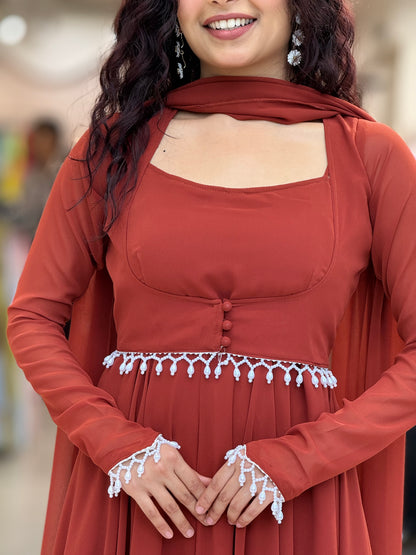 Rust Red Georgette four-Piece Ghera Suit Set