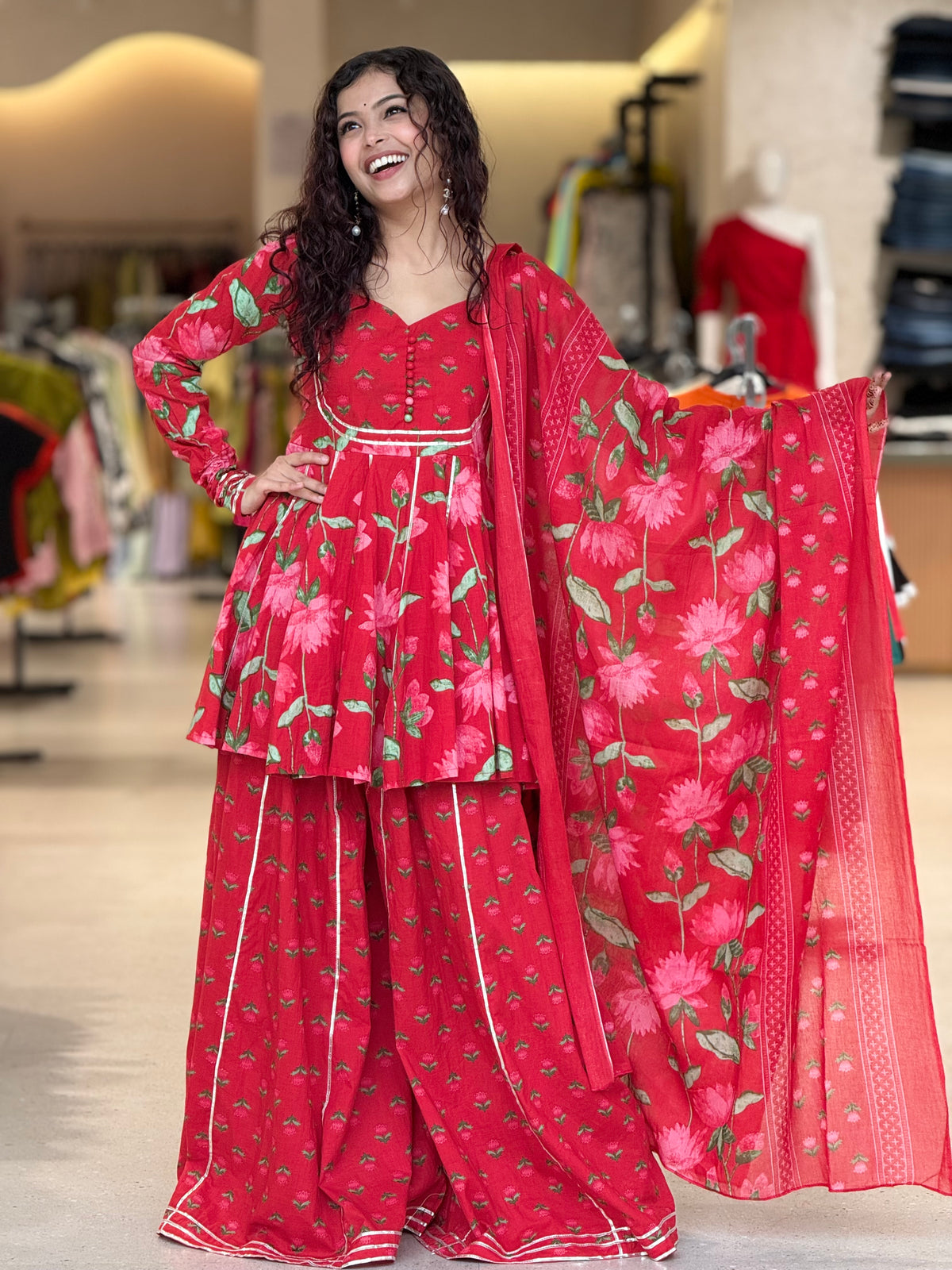 Red peplum crop top and gher plazo with dupatta suit set