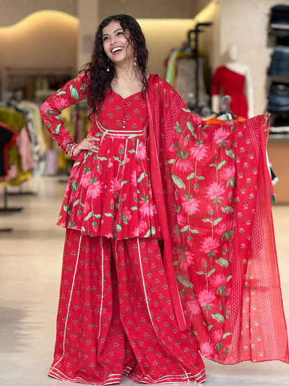 Red peplum crop top and gher plazo with dupatta suit set