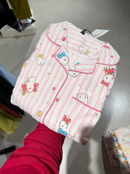 Hello Kitty Pink Stripe Print 3 Piece Women Night Suit Set