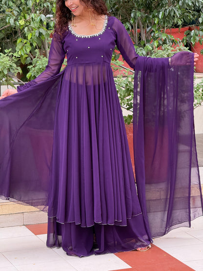 Royal Purple Georgette Anarkali Suit Set with Palazzo & Dupatta