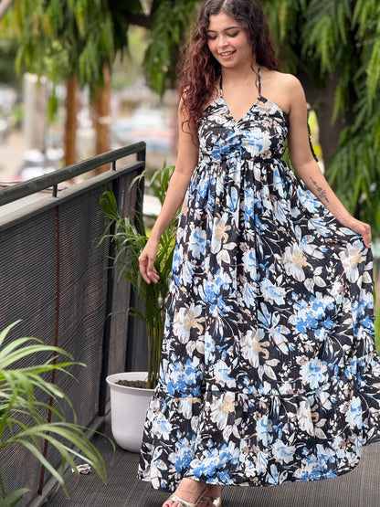 Floral halter neck padded one piece dress