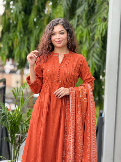 3 piece rust cotton suit set