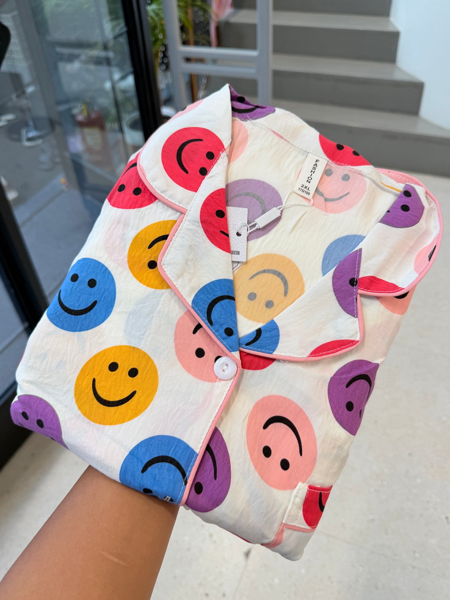 smiley print 3 piece night dress