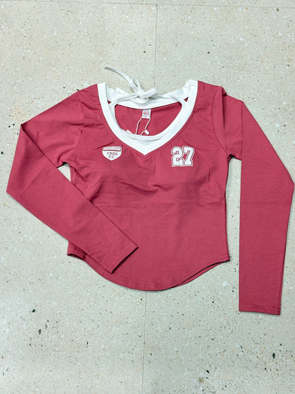 Tie-Up Padded Crop Top – Long Sleeve V-Neck Tee