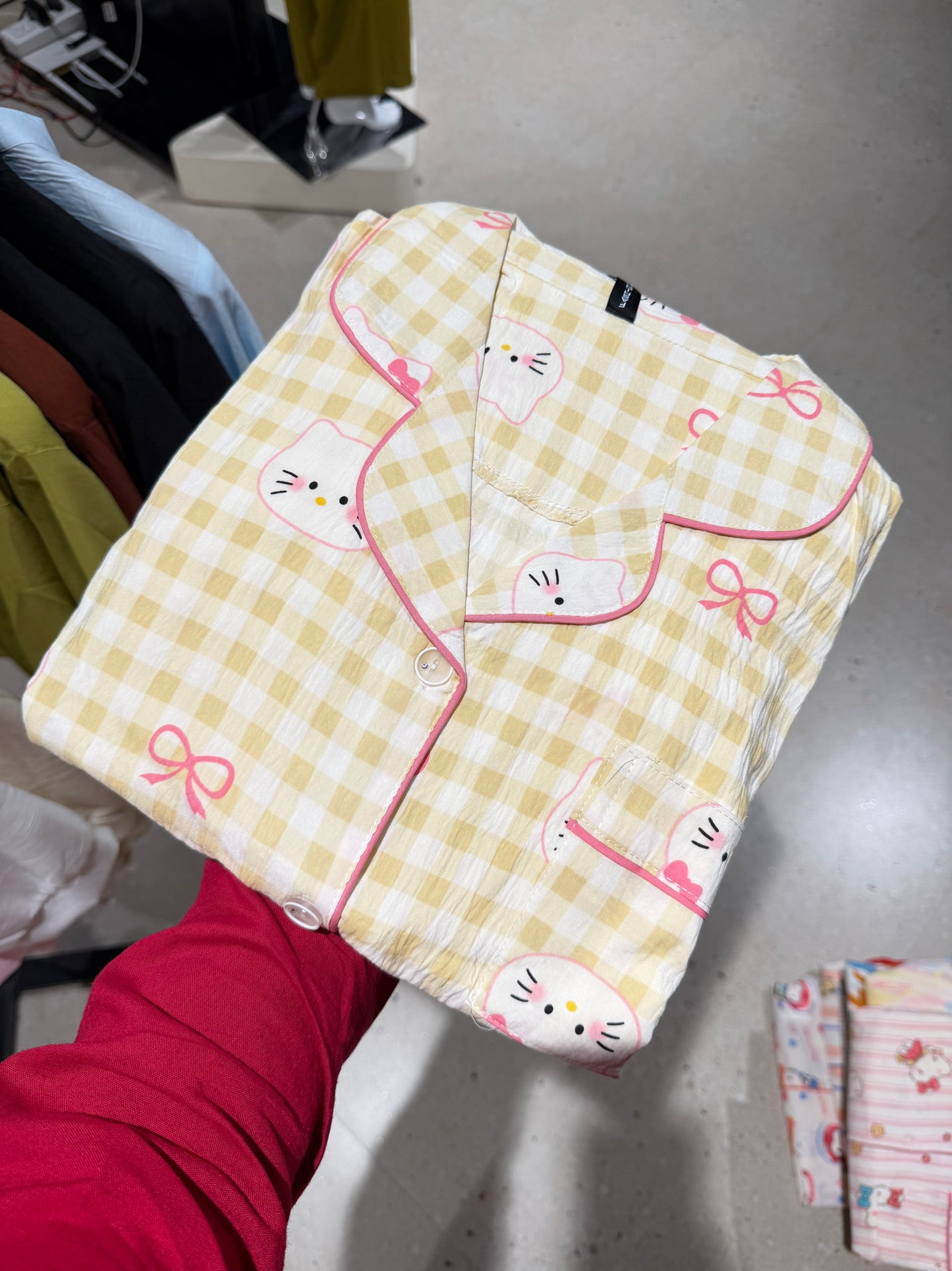 Kitty Face Check Print Yellow 3 Piece Women Night Suit Set