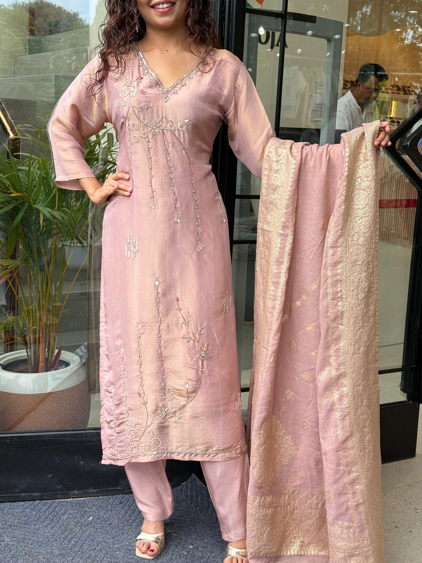 stone embroidered 3 piece partywear suit set