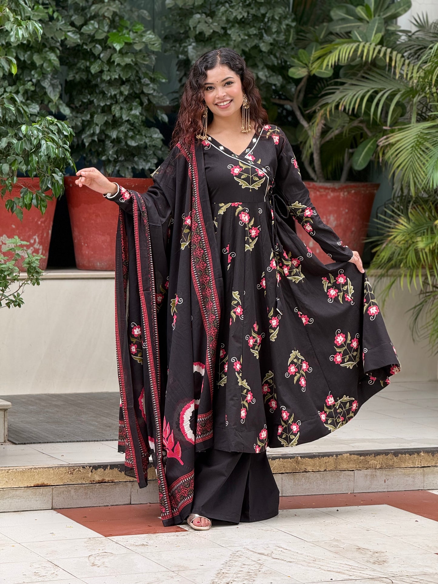 Black Printed Anarkali Kurta Set with Palazzo & Dupatta