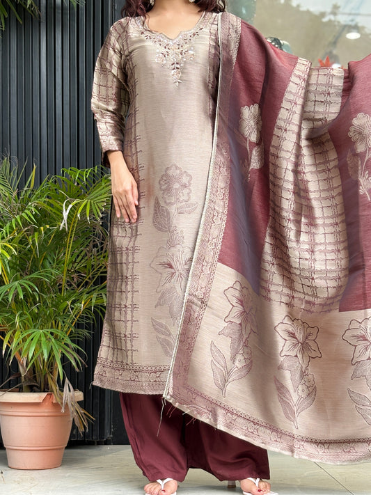 Partywear hand embroidered neck with stone 3 piece suit set