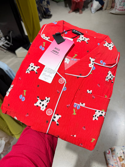 Cherry & Cow Print Red 3 Piece Women Night Suit Set