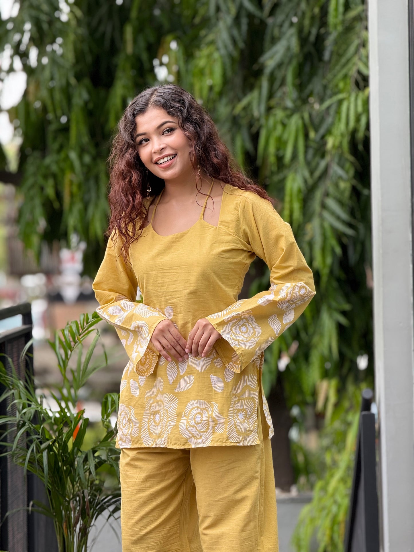 Mustard yellow Floral Printed Cotton Co-ord Set for Women