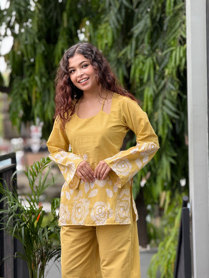 Mustard yellow Floral Printed Cotton Co-ord Set for Women