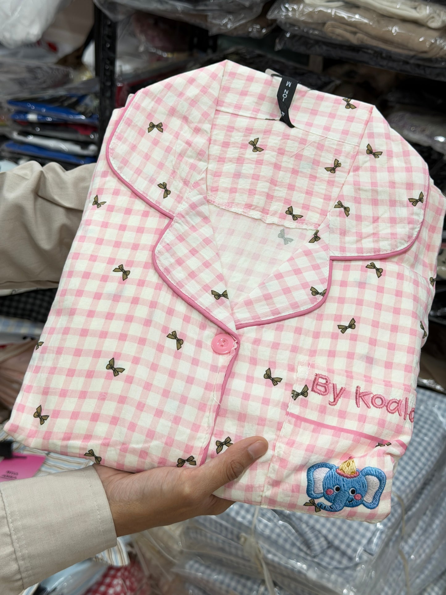 Pink bow checks elephant print 3 piece night dress