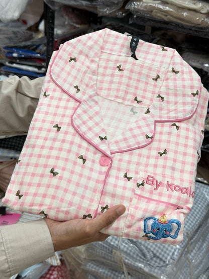 Pink bow checks elephant print 3 piece night dress