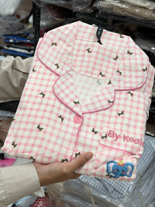 Pink bow checks elephant print 3 piece night dress