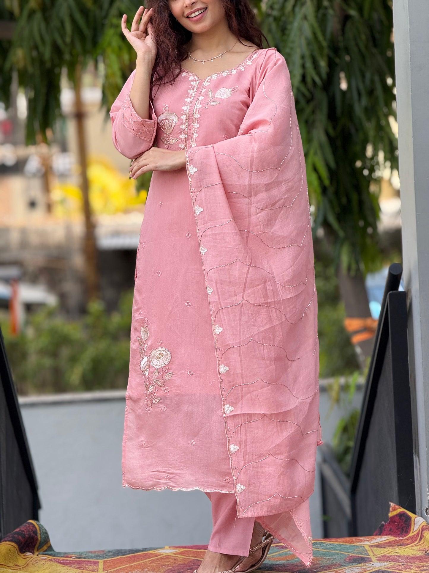 Blush Pink Embroidered Kurta Pant Set with Dupatta – Women’s Ethnic Wear