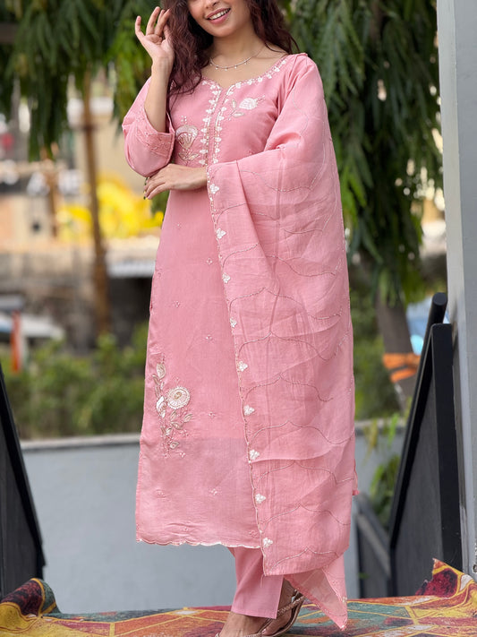Blush Pink Embroidered Kurta Pant Set with Dupatta – Women’s Ethnic Wear