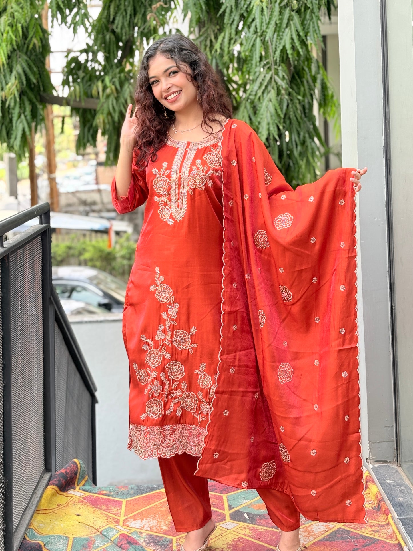 Ruby Red Embroidered Kurta Pant Set with Dupatta