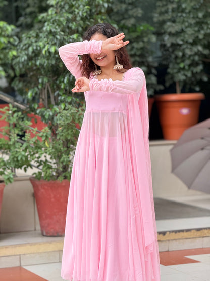Blush Pink Georgette Anarkali Suit Set with Palazzo & Dupatta