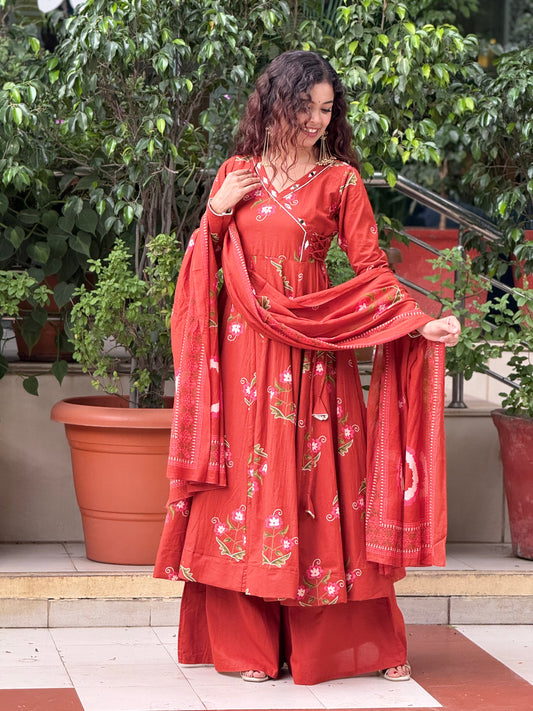 Rust Floral Printed Anarkali Kurta Set with Palazzo & Dupatta