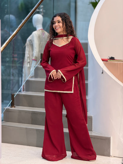 Maroon short kurti plazo 3 piece suit set
