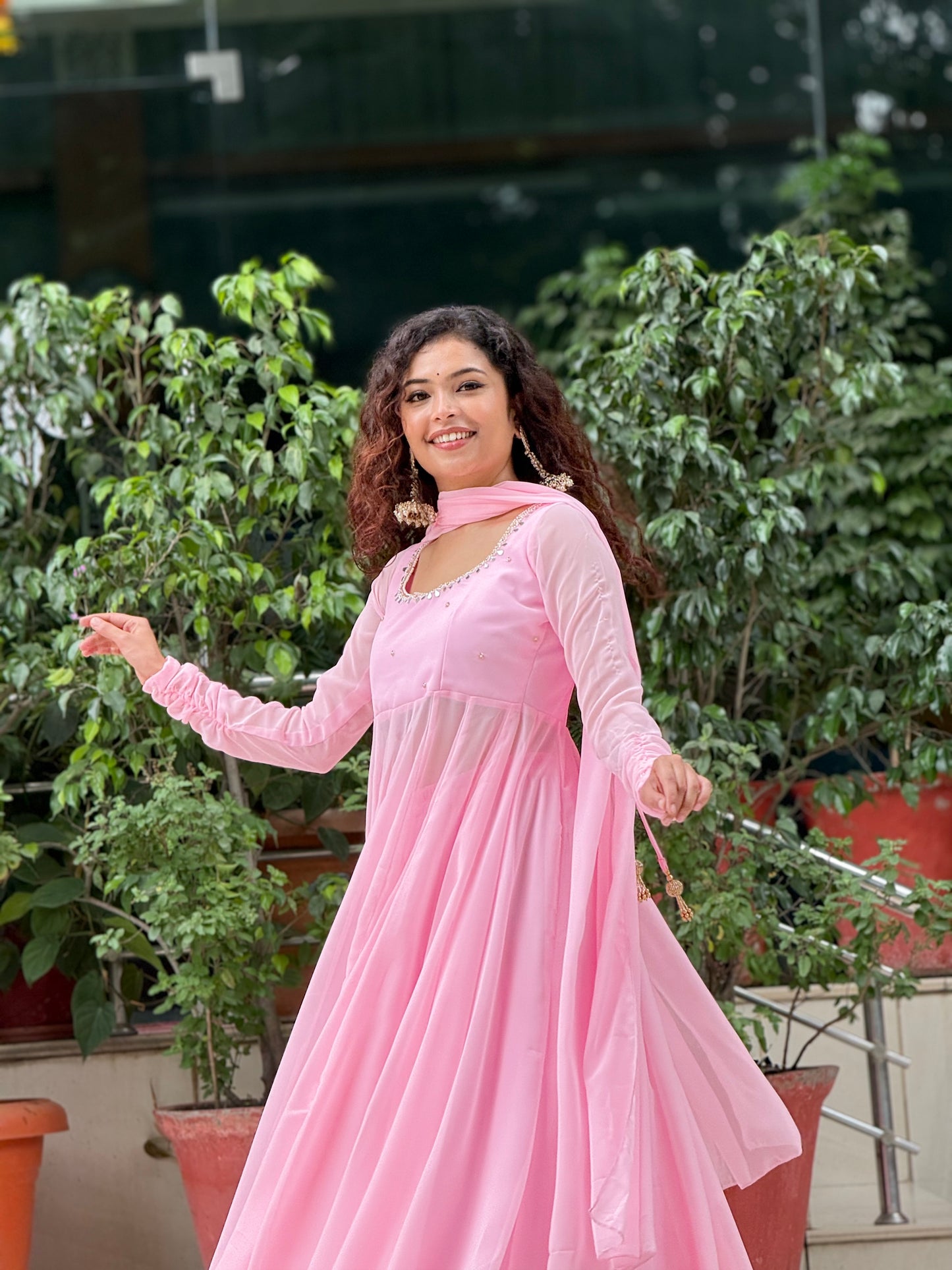 Blush Pink Georgette Anarkali Suit Set with Palazzo & Dupatta