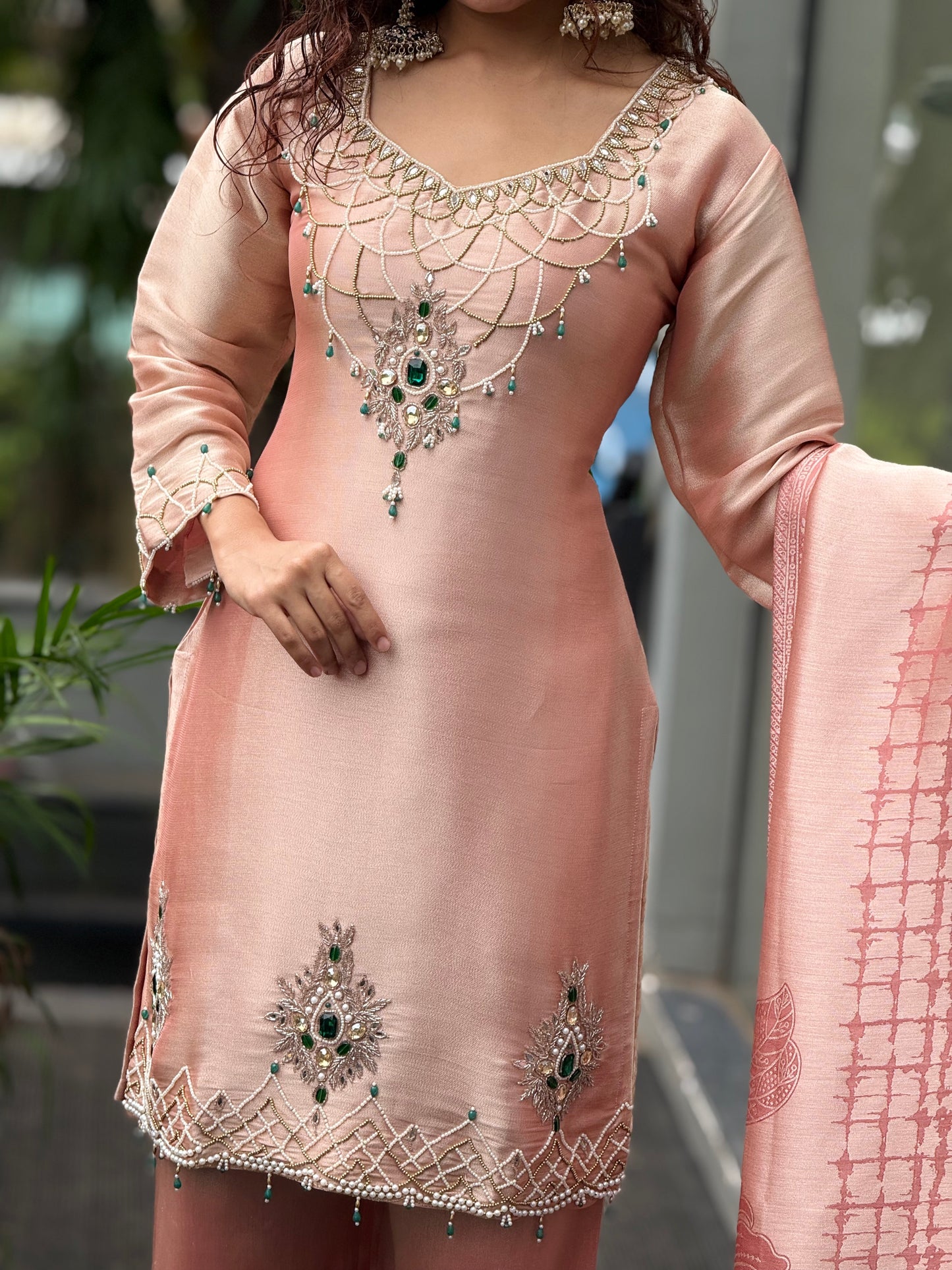 Stone work 3 piece partywear kurta suit set