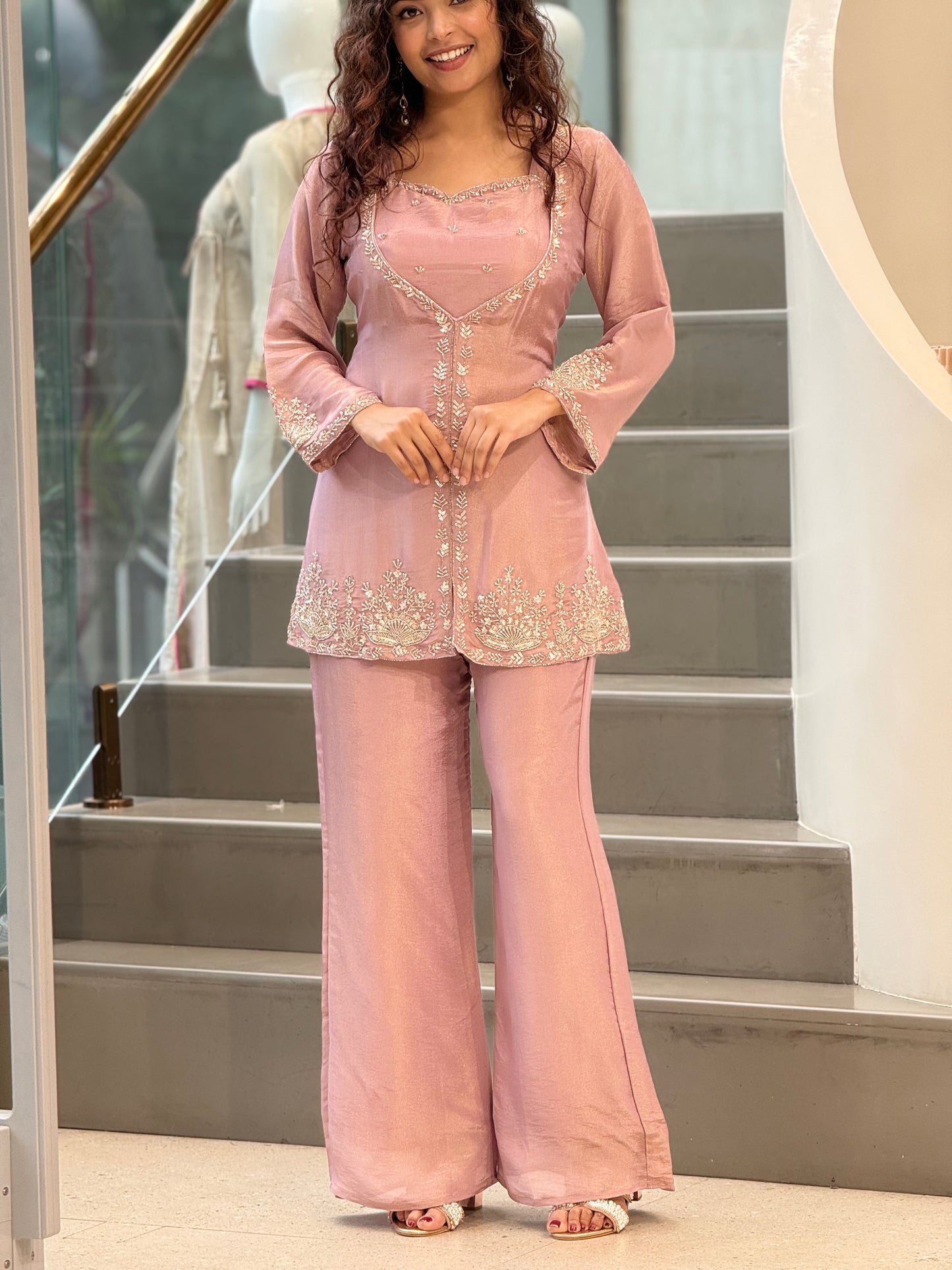 Dusty Pink Handwork Short Kurti Palazzo Set with inner