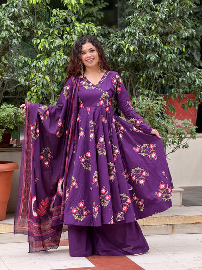 Purple Printed Anarkali Kurta Set with Palazzo & Dupatta