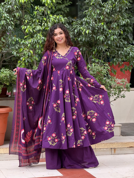 Purple Printed Anarkali Kurta Set with Palazzo & Dupatta